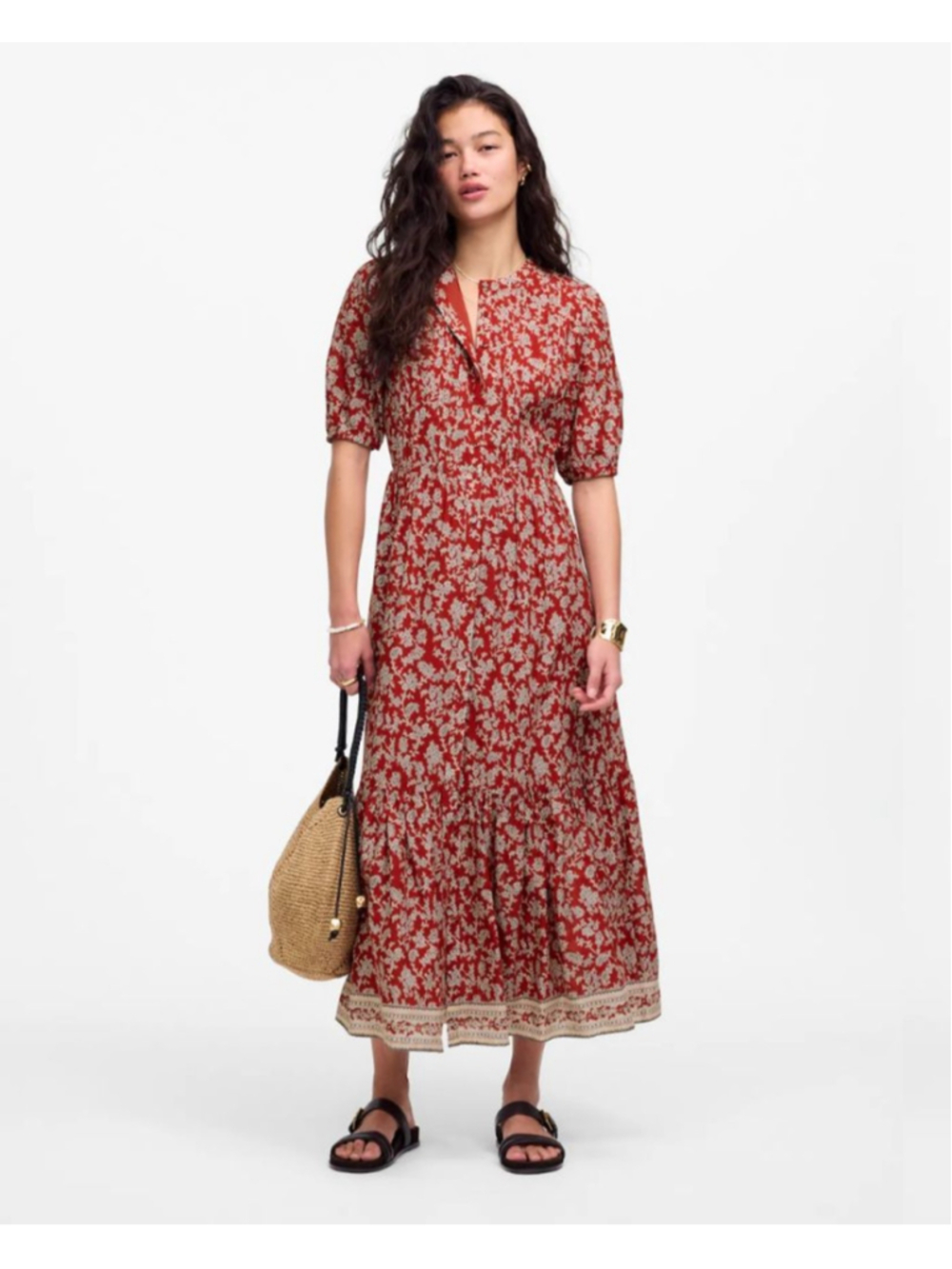 MADEWELL NWT Red Beige Puff Sleeve Floral Print Midi Dress Size 10 - Picture 2 of 9